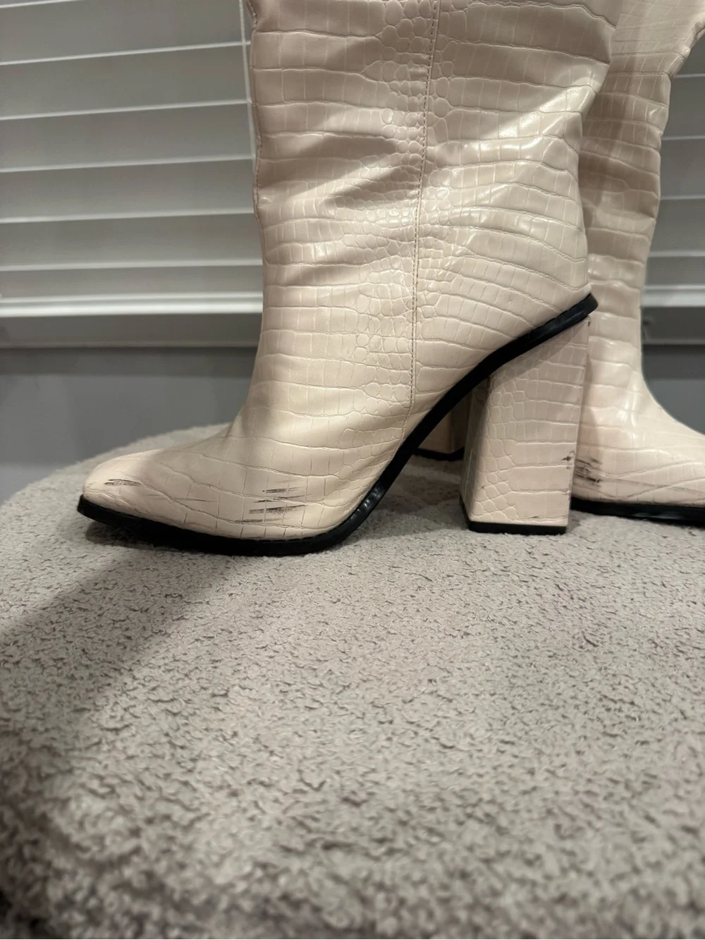 Public Desire Cream Croc-Effect Over-the-Knee Block Heel Boots
